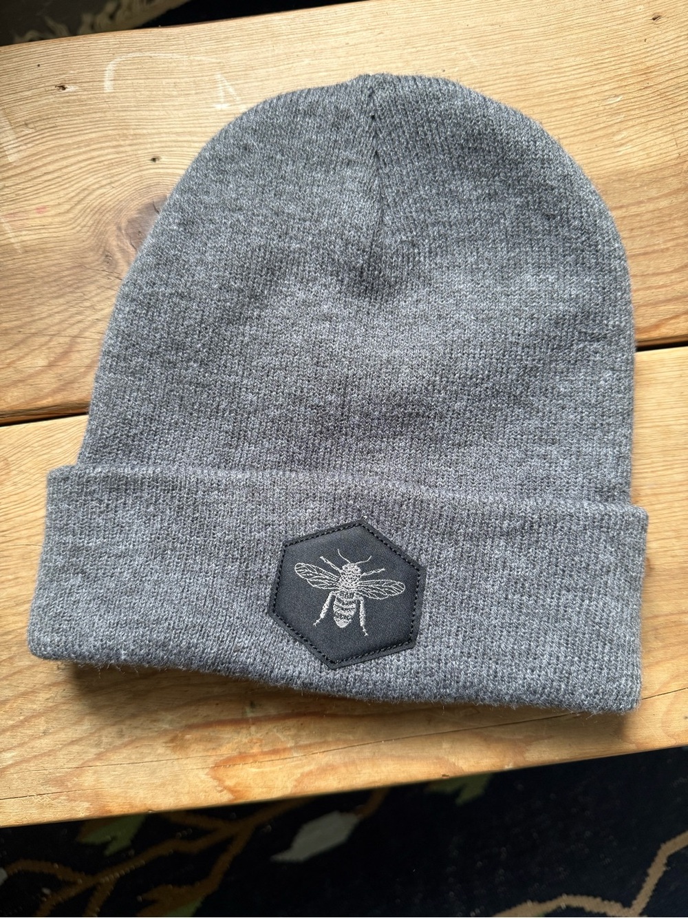 Men's Gray Knit Cuffed Beanie with Bee Patch